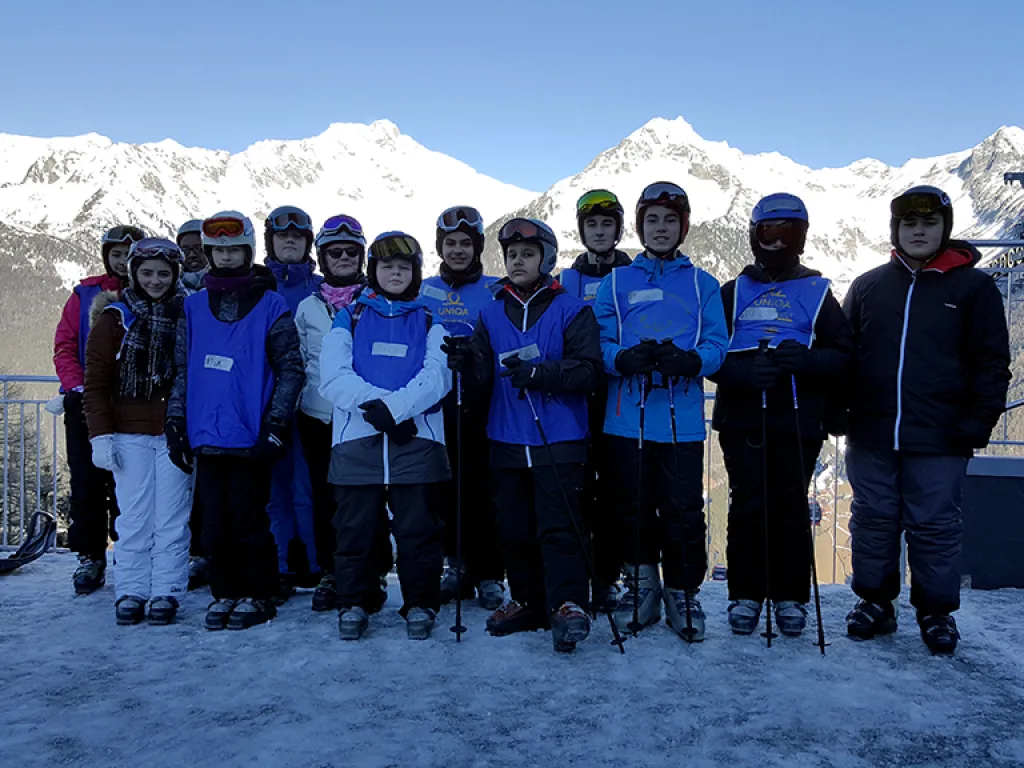 Skigruppe posiert in einer Reihe vor den verschneiten Bergen.